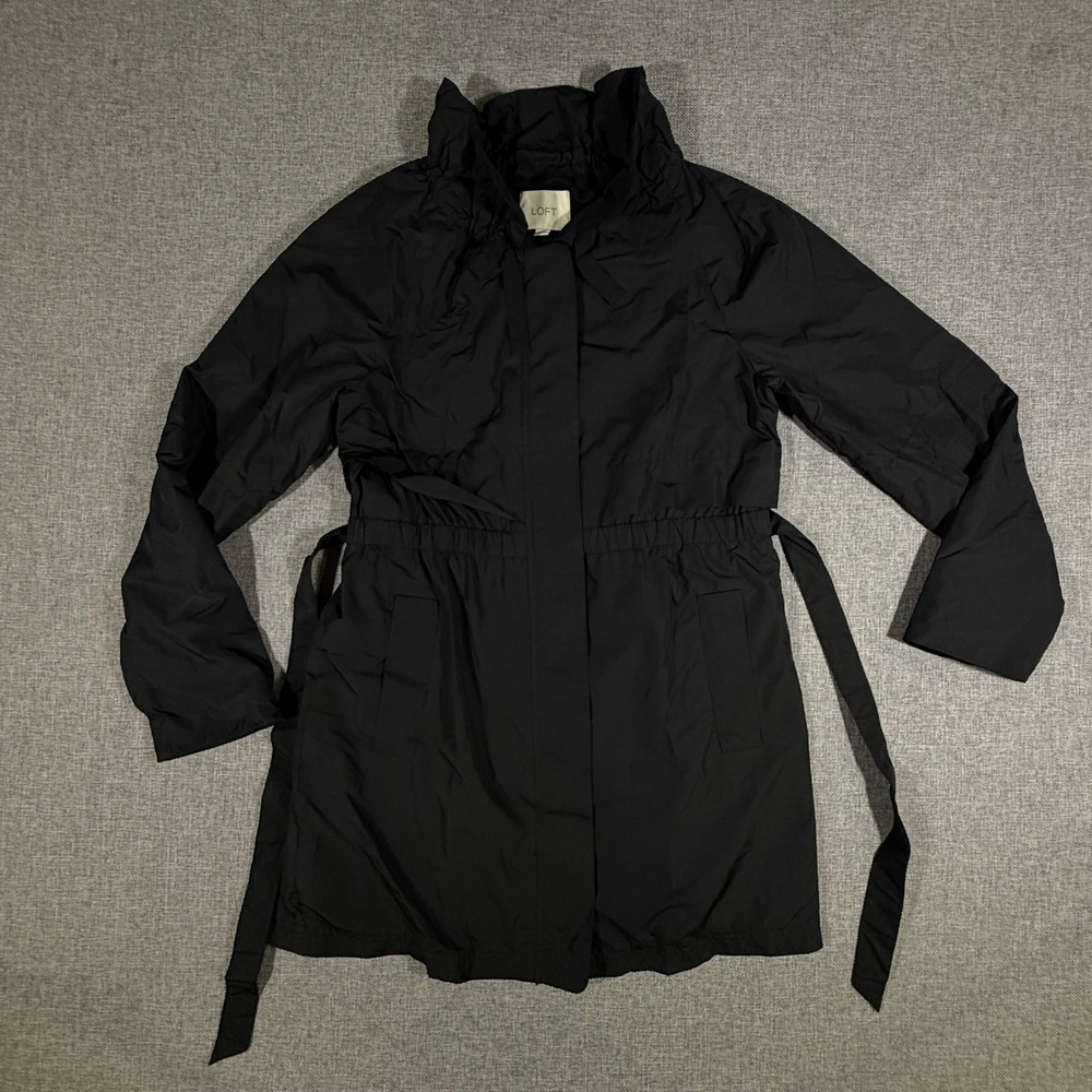 Loft Utility Jacket Women Size S Black Tie Waist Funnel Neck Minimalist Gorpcore
